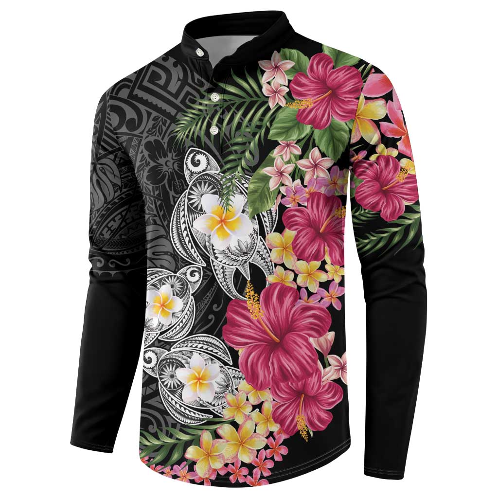 Hawaiian Tropical Flowers and Tribal Turtles Button Sweatshirt Polynesian Art Motifs Black Color LT03 - Polynesian Pride