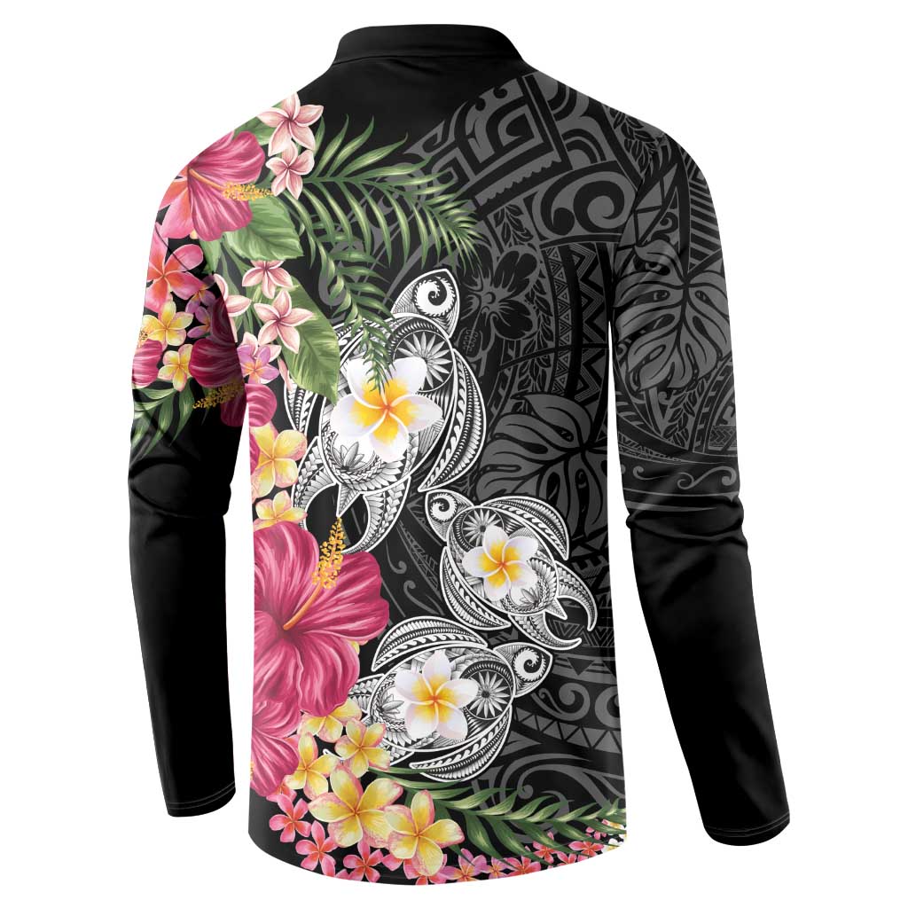 Hawaiian Tropical Flowers and Tribal Turtles Button Sweatshirt Polynesian Art Motifs Black Color LT03 - Polynesian Pride