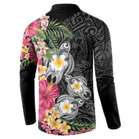 Hawaiian Tropical Flowers and Tribal Turtles Button Sweatshirt Polynesian Art Motifs Black Color LT03 - Polynesian Pride