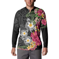 Hawaiian Tropical Flowers and Tribal Turtles Button Sweatshirt Polynesian Art Motifs Black Color LT03 - Polynesian Pride