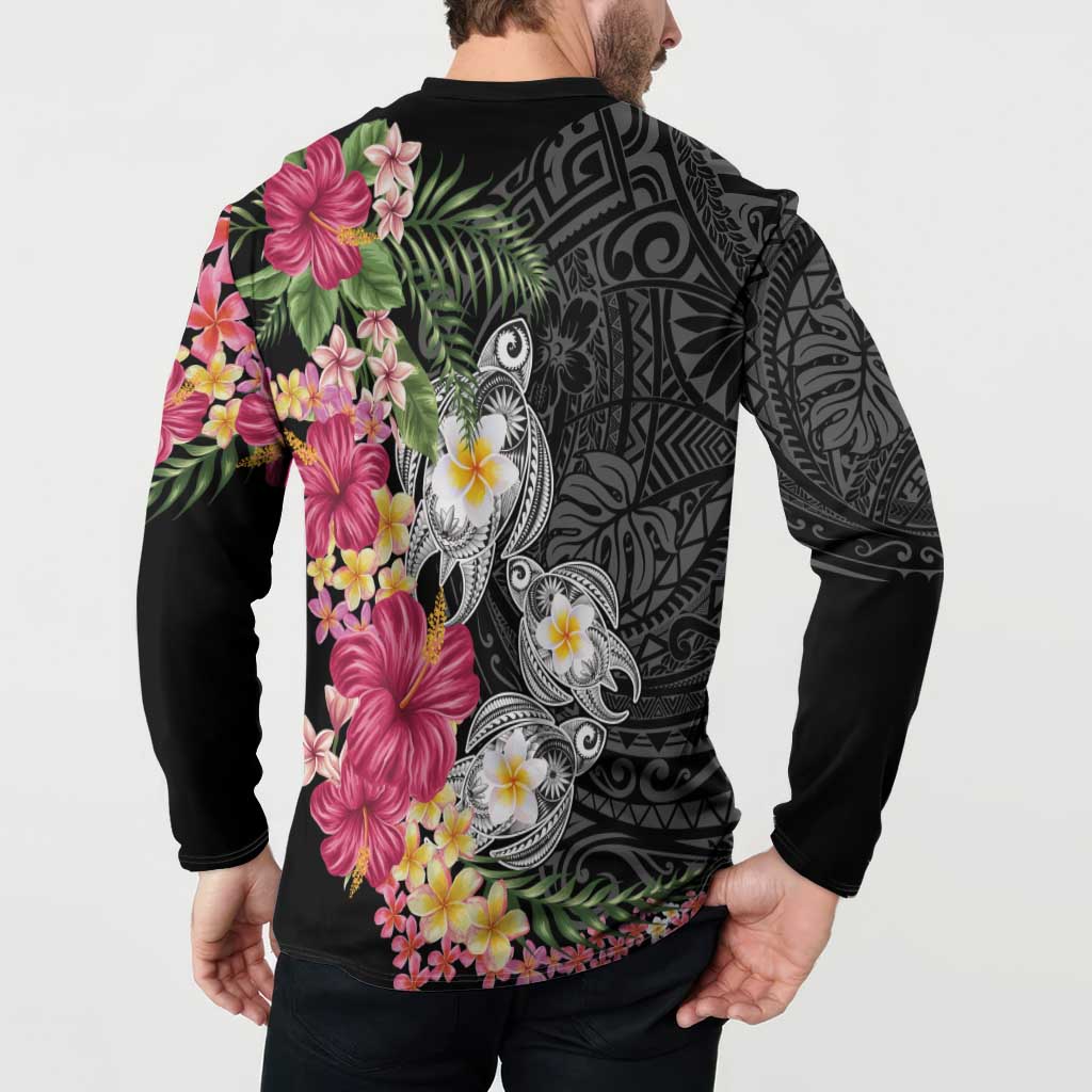 Hawaiian Tropical Flowers and Tribal Turtles Button Sweatshirt Polynesian Art Motifs Black Color LT03 - Polynesian Pride