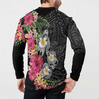 Hawaiian Tropical Flowers and Tribal Turtles Button Sweatshirt Polynesian Art Motifs Black Color LT03 - Polynesian Pride
