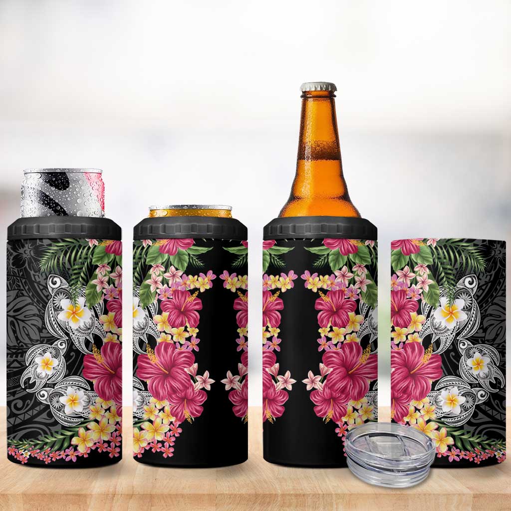 Hawaiian Tropical Flowers and Tribal Turtles 4 in 1 Can Cooler Tumbler Polynesian Art Motifs Black Color - Polynesian Pride