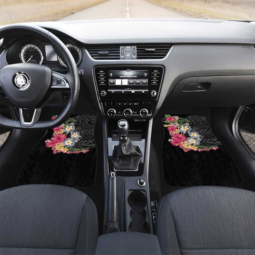 Hawaiian Tropical Flowers and Tribal Turtles Car Mats Polynesian Art Motifs Black Color - Polynesian Pride