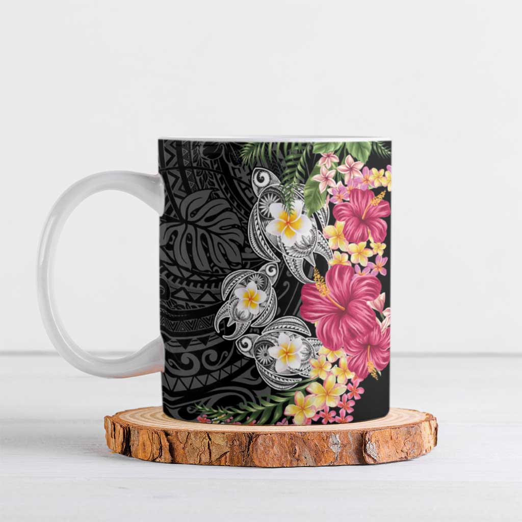 Hawaiian Tropical Flowers and Tribal Turtles Ceramic Mug Polynesian Art Motifs Black Color LT03 Black - Polynesian Pride