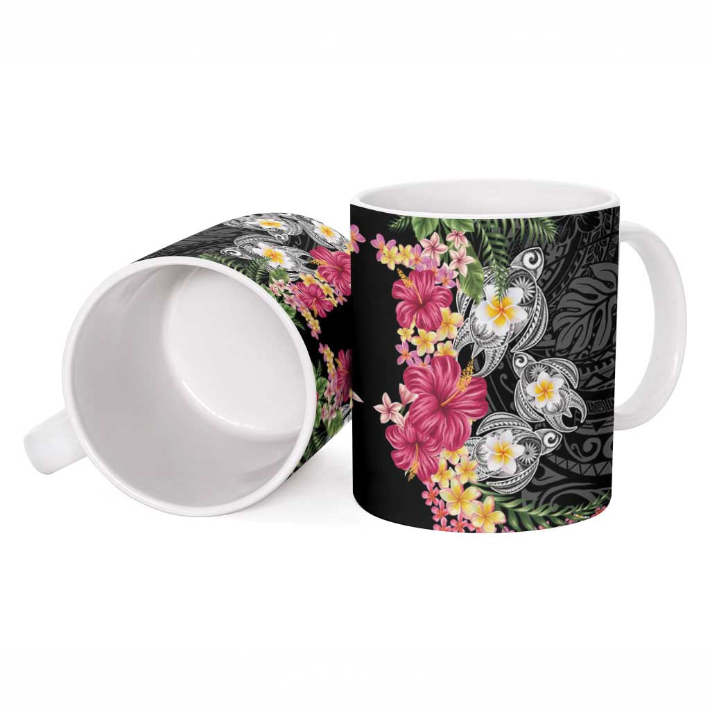 Hawaiian Tropical Flowers and Tribal Turtles Ceramic Mug Polynesian Art Motifs Black Color LT03 - Polynesian Pride