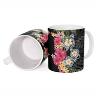 Hawaiian Tropical Flowers and Tribal Turtles Ceramic Mug Polynesian Art Motifs Black Color LT03 - Polynesian Pride