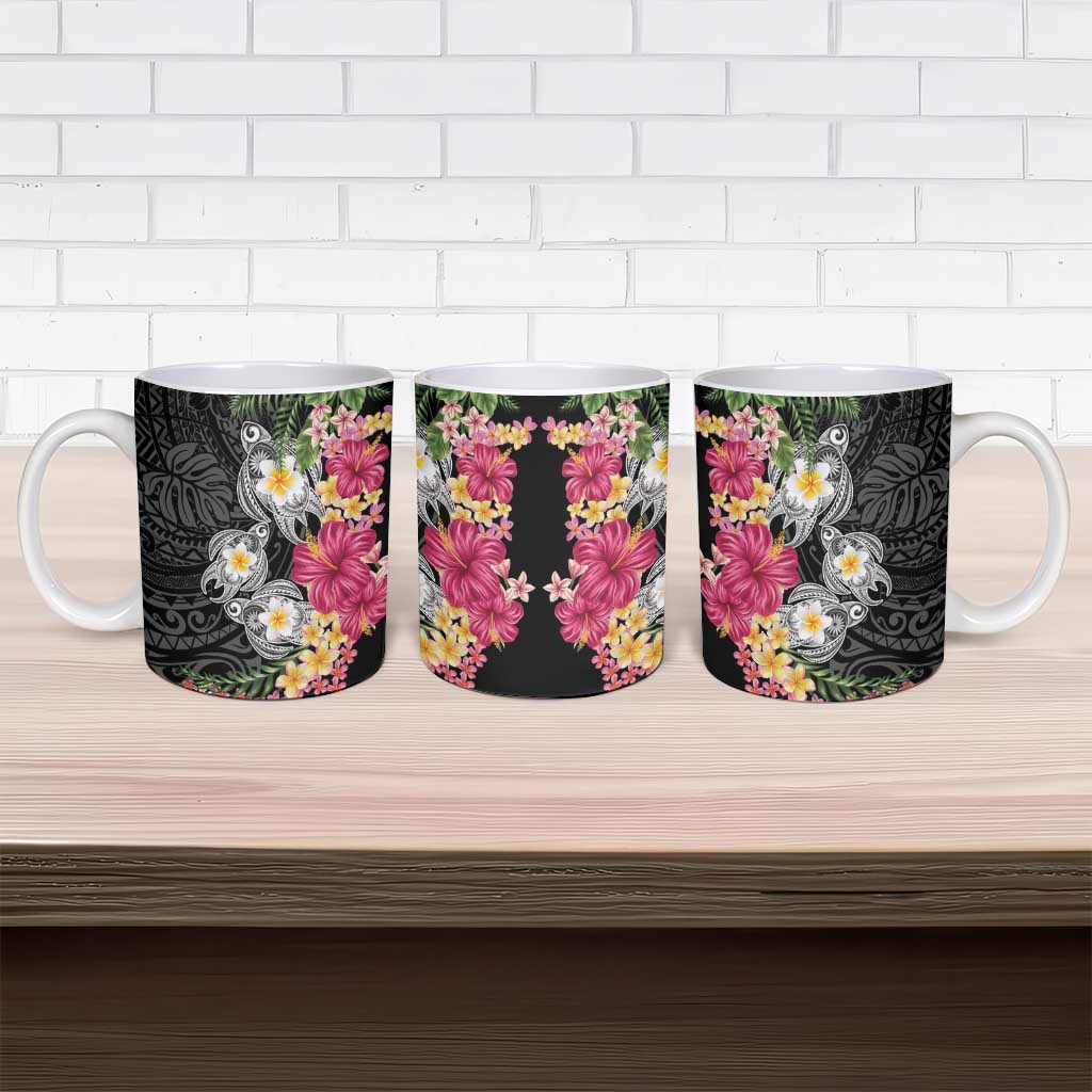 Hawaiian Tropical Flowers and Tribal Turtles Ceramic Mug Polynesian Art Motifs Black Color LT03 - Polynesian Pride