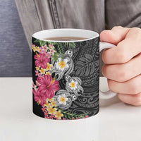 Hawaiian Tropical Flowers and Tribal Turtles Ceramic Mug Polynesian Art Motifs Black Color LT03 - Polynesian Pride