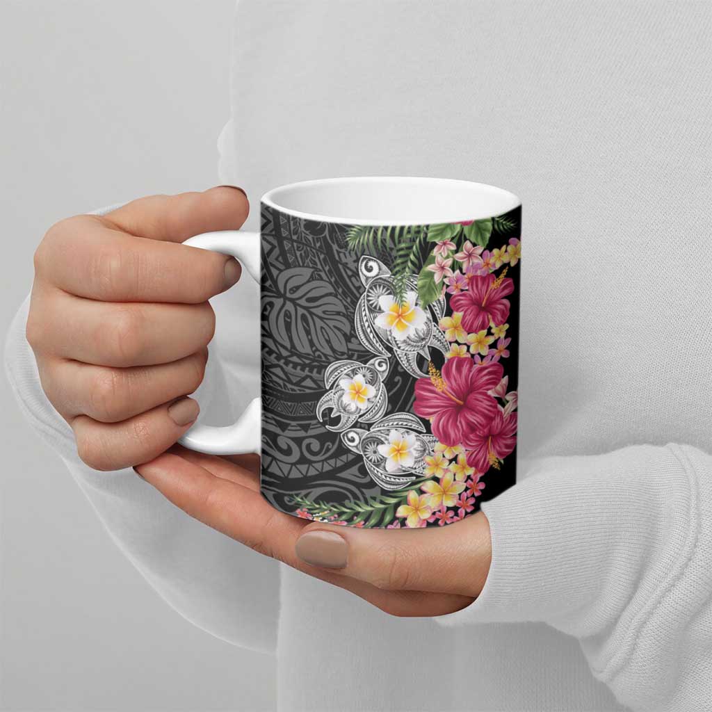 Hawaiian Tropical Flowers and Tribal Turtles Ceramic Mug Polynesian Art Motifs Black Color LT03 - Polynesian Pride