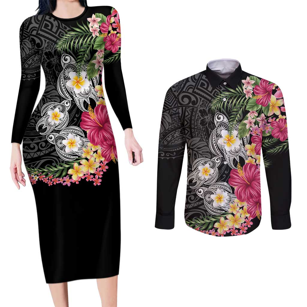 Hawaiian Tropical Flowers and Tribal Turtles Couples Matching Long Sleeve Bodycon Dress and Long Sleeve Button Shirt Polynesian Art Motifs Black Color - Polynesian Pride