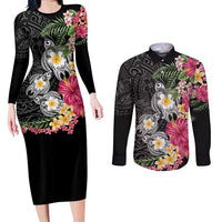 Hawaiian Tropical Flowers and Tribal Turtles Couples Matching Long Sleeve Bodycon Dress and Long Sleeve Button Shirt Polynesian Art Motifs Black Color - Polynesian Pride