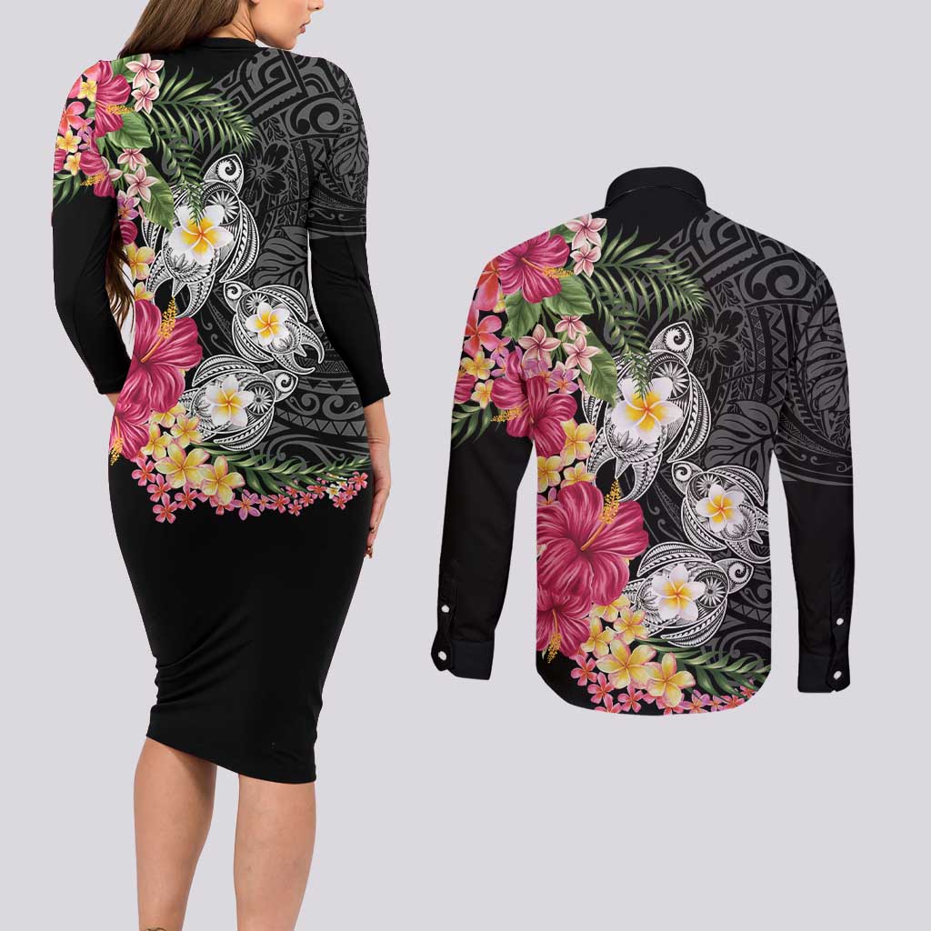 Hawaiian Tropical Flowers and Tribal Turtles Couples Matching Long Sleeve Bodycon Dress and Long Sleeve Button Shirt Polynesian Art Motifs Black Color - Polynesian Pride