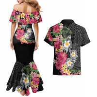 Hawaiian Tropical Flowers and Tribal Turtles Couples Matching Mermaid Dress and Hawaiian Shirt Polynesian Art Motifs Black Color - Polynesian Pride