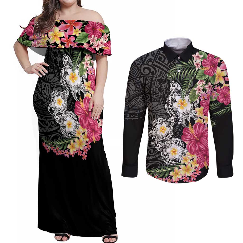 Hawaiian Tropical Flowers and Tribal Turtles Couples Matching Off Shoulder Maxi Dress and Long Sleeve Button Shirt Polynesian Art Motifs Black Color - Polynesian Pride
