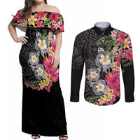 Hawaiian Tropical Flowers and Tribal Turtles Couples Matching Off Shoulder Maxi Dress and Long Sleeve Button Shirt Polynesian Art Motifs Black Color - Polynesian Pride