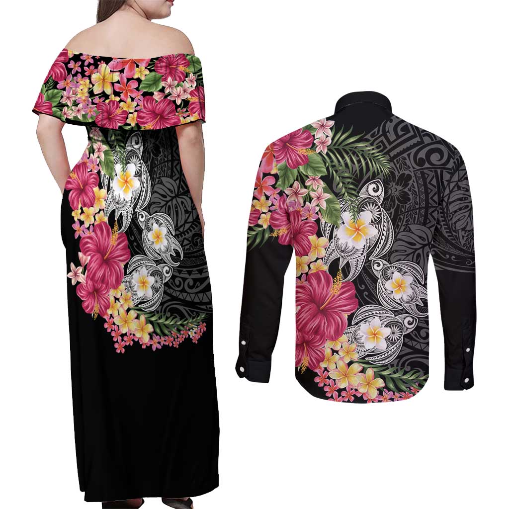 Hawaiian Tropical Flowers and Tribal Turtles Couples Matching Off Shoulder Maxi Dress and Long Sleeve Button Shirt Polynesian Art Motifs Black Color - Polynesian Pride