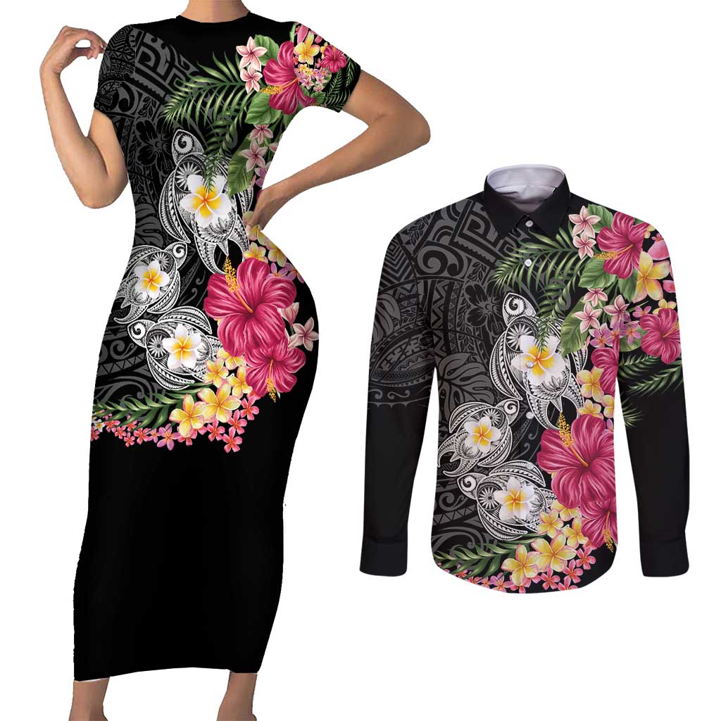 Hawaiian Tropical Flowers and Tribal Turtles Couples Matching Short Sleeve Bodycon Dress and Long Sleeve Button Shirt Polynesian Art Motifs Black Color - Polynesian Pride