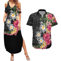 Hawaiian Tropical Flowers and Tribal Turtles Couples Matching Summer Maxi Dress and Hawaiian Shirt Polynesian Art Motifs Black Color - Polynesian Pride