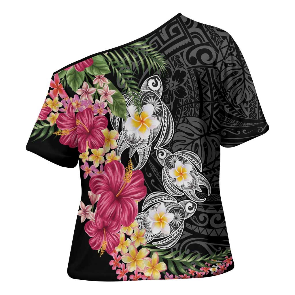 Hawaiian Tropical Flowers and Tribal Turtles Cross Shoulder Shirt Polynesian Art Motifs Black Color - Polynesian Pride