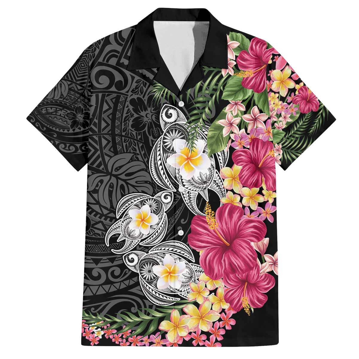 Hawaiian Tropical Flowers and Tribal Turtles Family Matching Off The Shoulder Long Sleeve Dress and Hawaiian Shirt Polynesian Art Motifs Black Color - Polynesian Pride