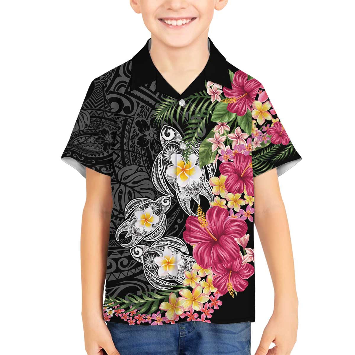 Hawaiian Tropical Flowers and Tribal Turtles Family Matching Off The Shoulder Long Sleeve Dress and Hawaiian Shirt Polynesian Art Motifs Black Color - Polynesian Pride