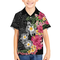 Hawaiian Tropical Flowers and Tribal Turtles Family Matching Off The Shoulder Long Sleeve Dress and Hawaiian Shirt Polynesian Art Motifs Black Color - Polynesian Pride
