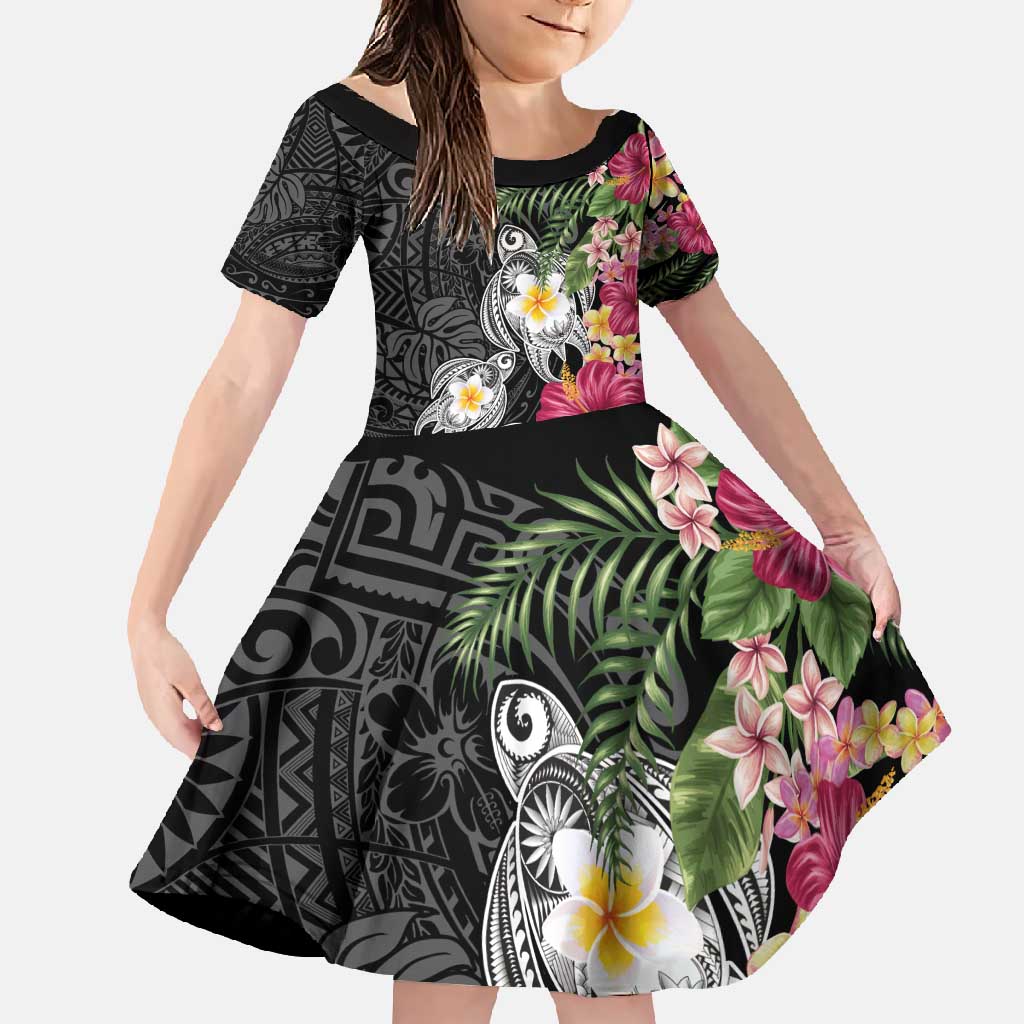 Hawaiian Tropical Flowers and Tribal Turtles Family Matching Off Shoulder Maxi Dress and Hawaiian Shirt Polynesian Art Motifs Black Color - Polynesian Pride