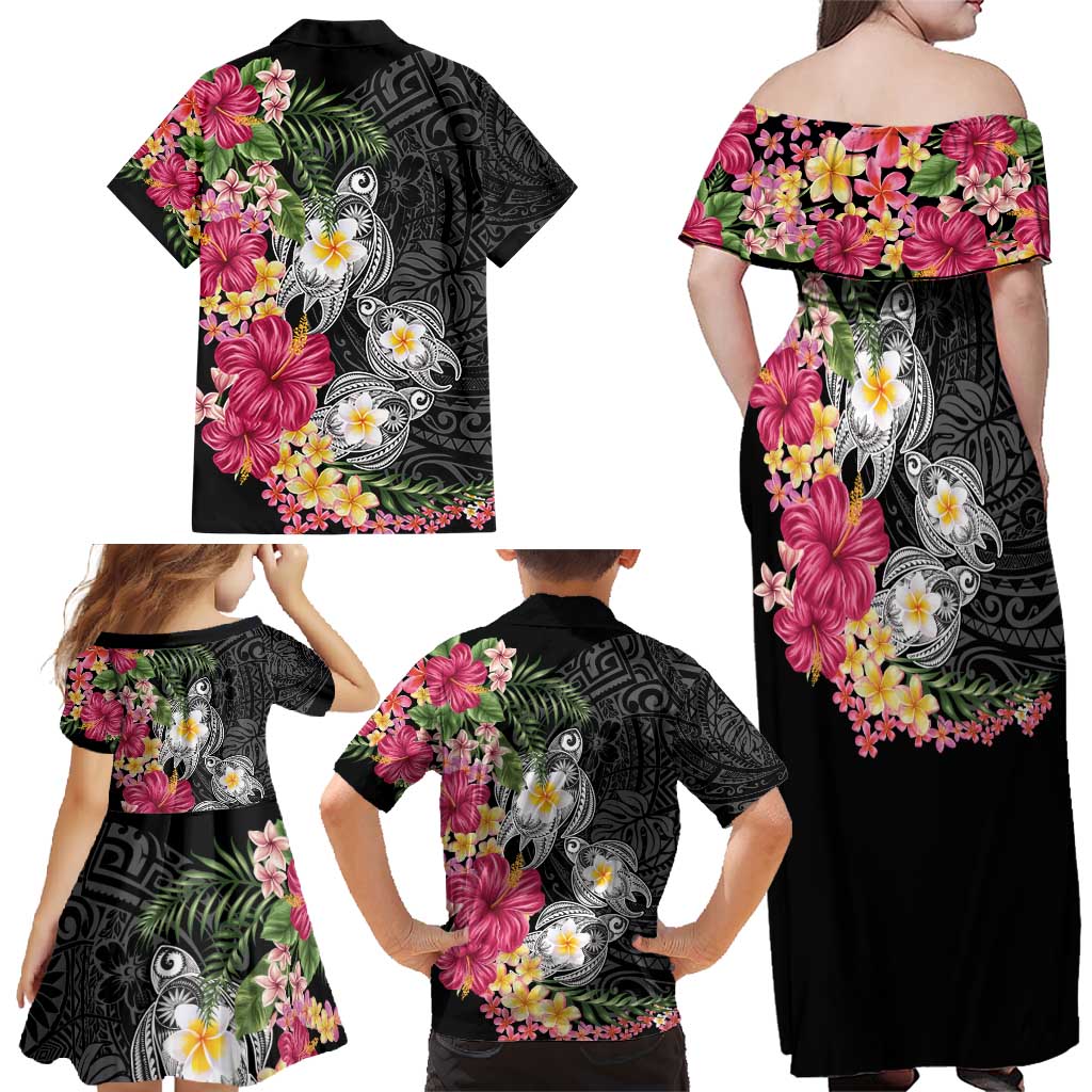 Hawaiian Tropical Flowers and Tribal Turtles Family Matching Off Shoulder Maxi Dress and Hawaiian Shirt Polynesian Art Motifs Black Color - Polynesian Pride