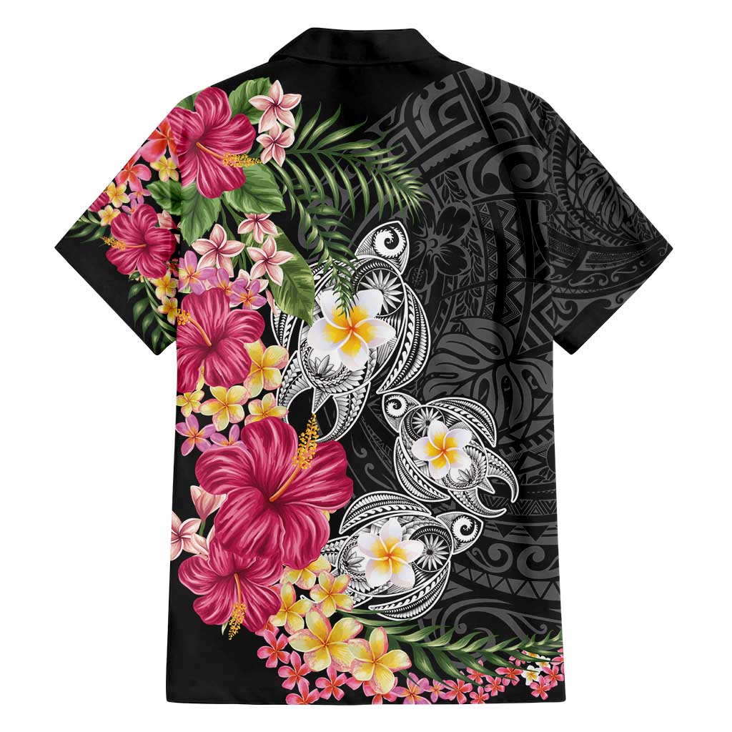 Hawaiian Tropical Flowers and Tribal Turtles Family Matching Off Shoulder Maxi Dress and Hawaiian Shirt Polynesian Art Motifs Black Color - Polynesian Pride