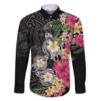 Hawaiian Tropical Flowers and Tribal Turtles Family Matching Off Shoulder Maxi Dress and Hawaiian Shirt Polynesian Art Motifs Black Color - Polynesian Pride