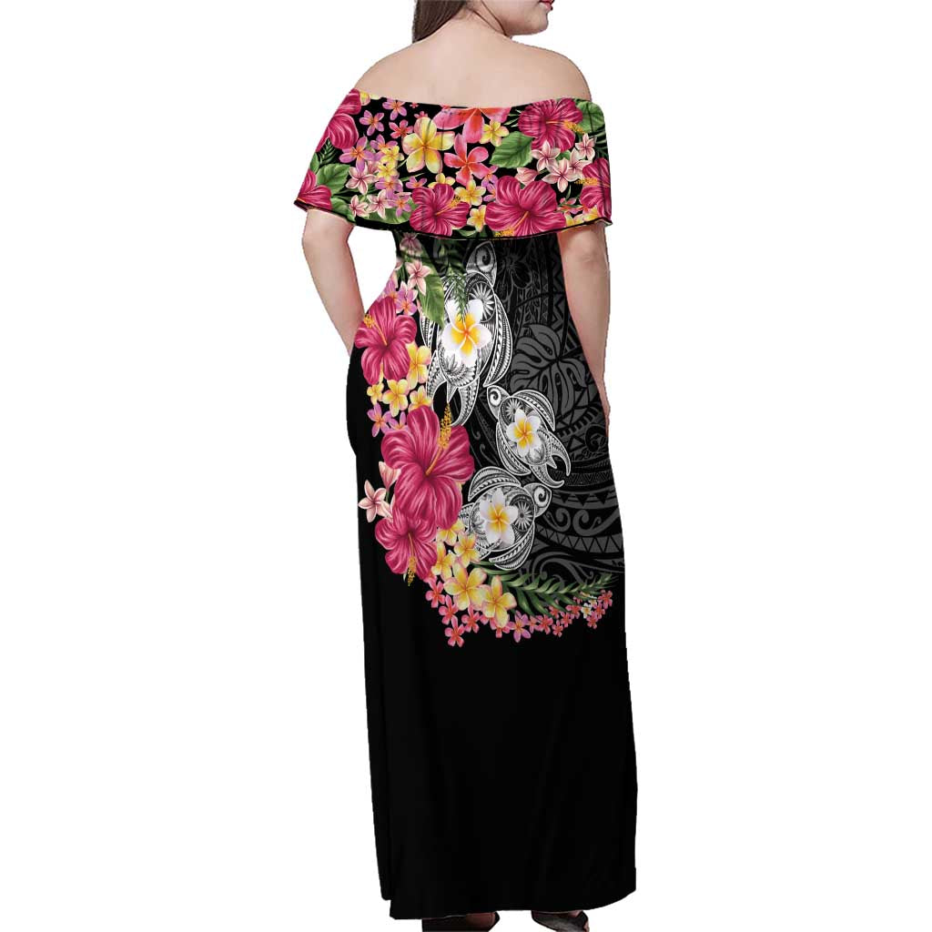 Hawaiian Tropical Flowers and Tribal Turtles Family Matching Off Shoulder Maxi Dress and Hawaiian Shirt Polynesian Art Motifs Black Color - Polynesian Pride