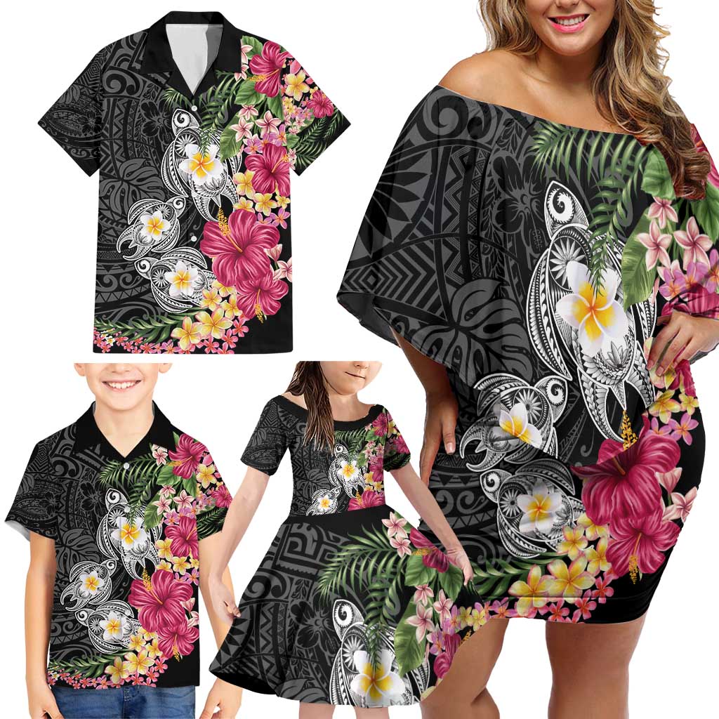 Hawaiian Tropical Flowers and Tribal Turtles Family Matching Off Shoulder Short Dress and Hawaiian Shirt Polynesian Art Motifs Black Color - Polynesian Pride