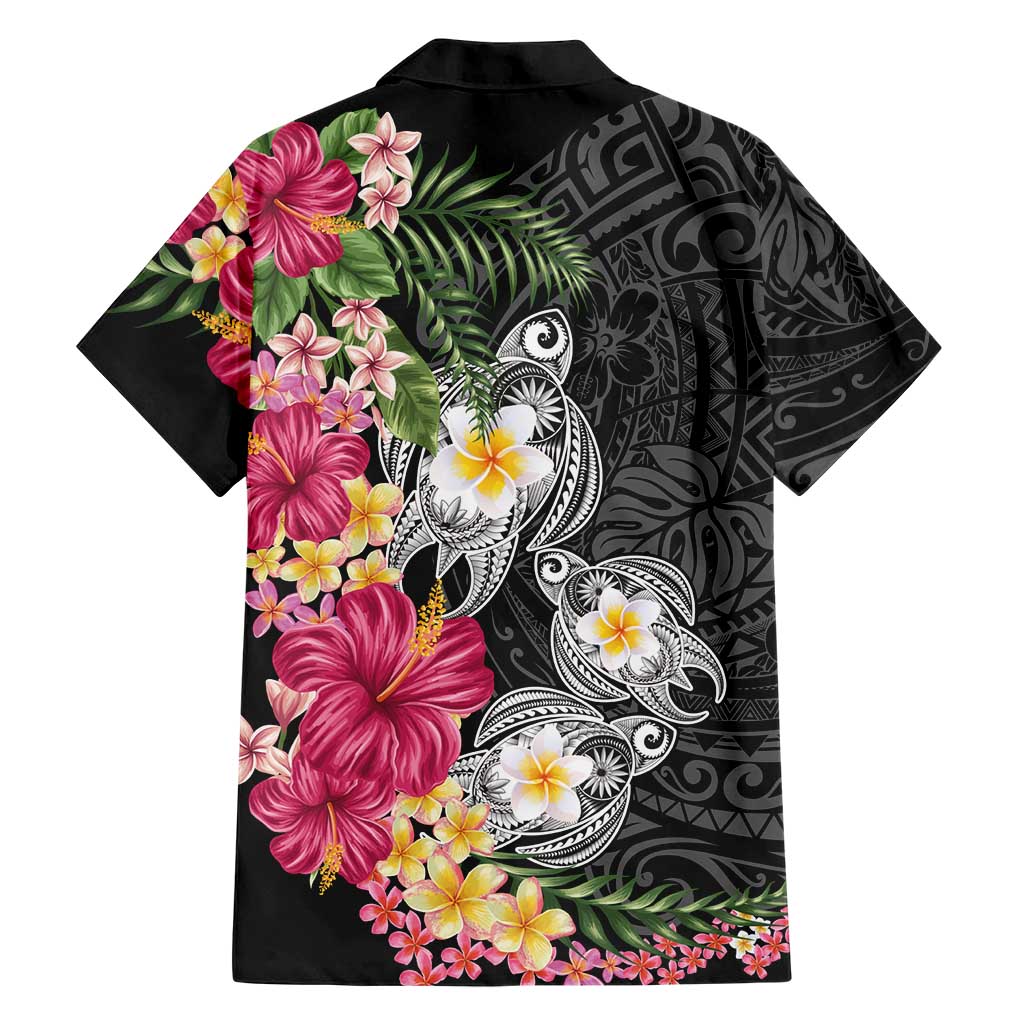 Hawaiian Tropical Flowers and Tribal Turtles Family Matching Puletasi and Hawaiian Shirt Polynesian Art Motifs Black Color - Polynesian Pride