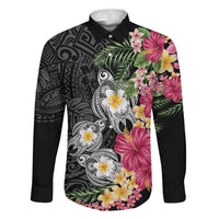 Hawaiian Tropical Flowers and Tribal Turtles Family Matching Puletasi and Hawaiian Shirt Polynesian Art Motifs Black Color - Polynesian Pride