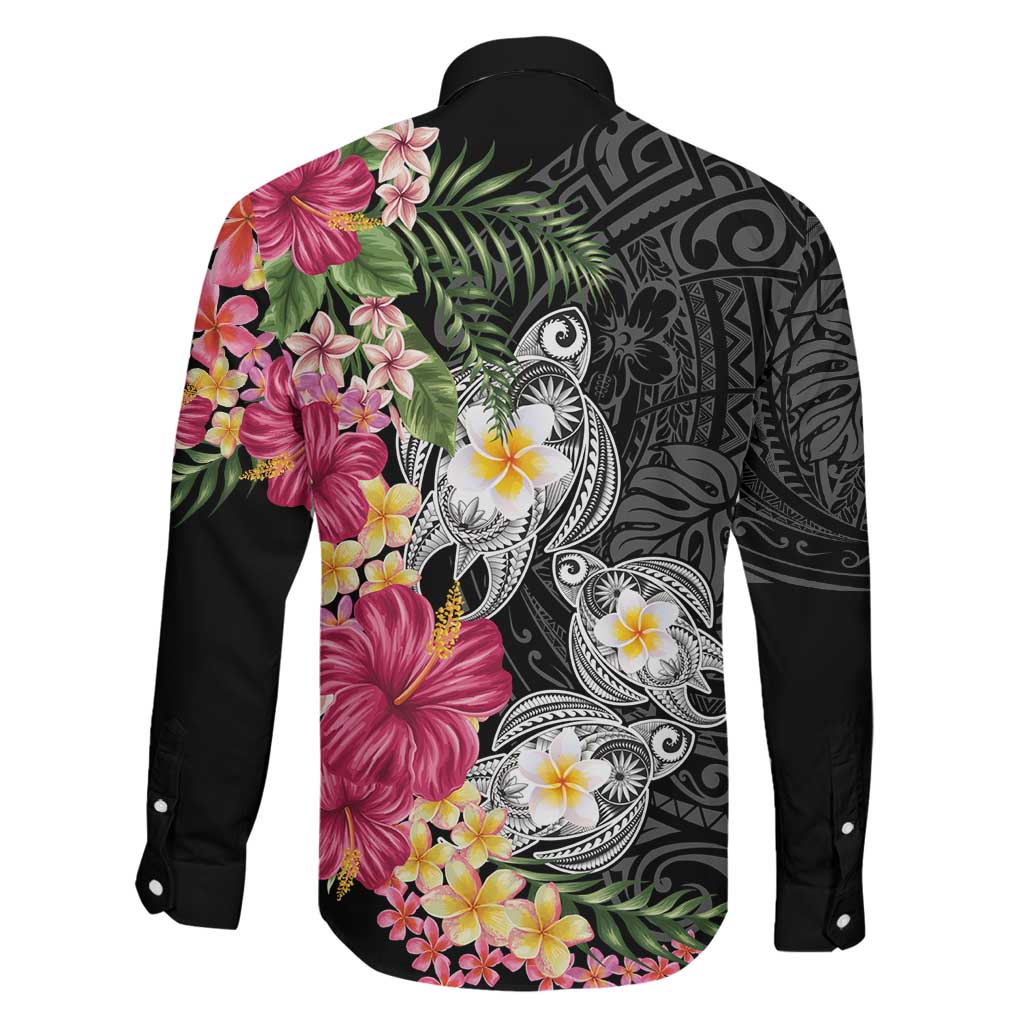 Hawaiian Tropical Flowers and Tribal Turtles Family Matching Puletasi and Hawaiian Shirt Polynesian Art Motifs Black Color - Polynesian Pride