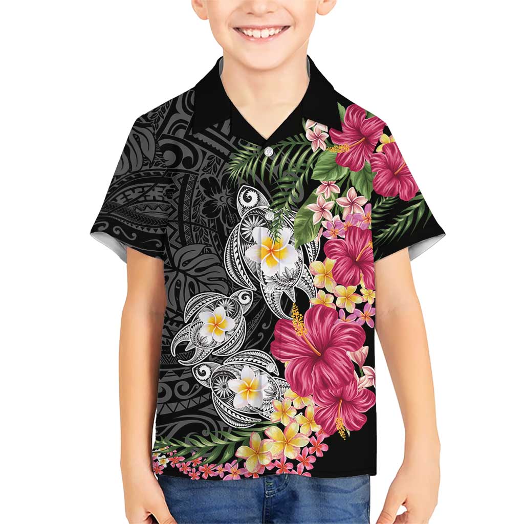 Hawaiian Tropical Flowers and Tribal Turtles Family Matching Puletasi and Hawaiian Shirt Polynesian Art Motifs Black Color - Polynesian Pride