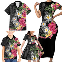 Hawaiian Tropical Flowers and Tribal Turtles Family Matching Short Sleeve Bodycon Dress and Hawaiian Shirt Polynesian Art Motifs Black Color - Polynesian Pride