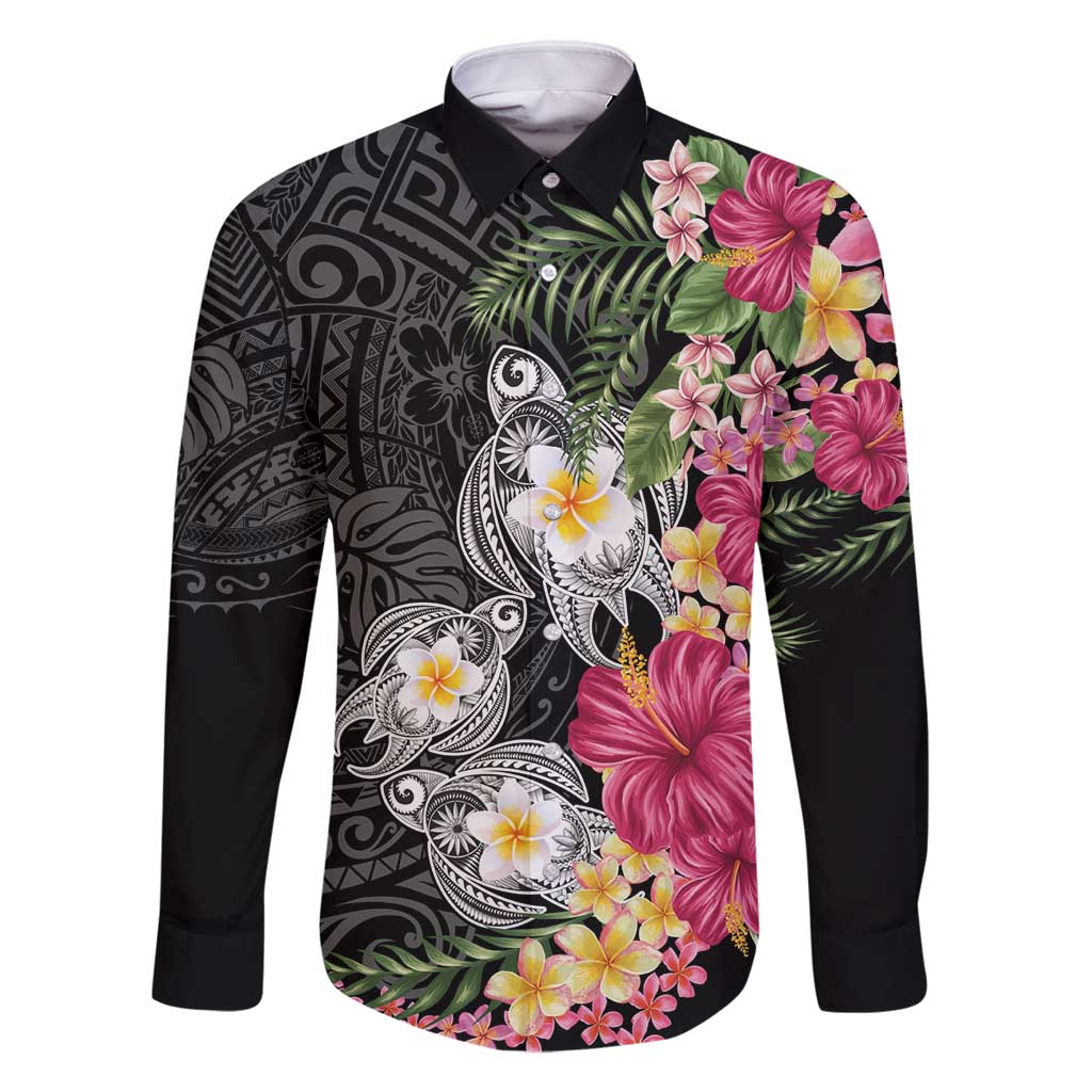 Hawaiian Tropical Flowers and Tribal Turtles Family Matching Tank Maxi Dress and Hawaiian Shirt Polynesian Art Motifs Black Color - Polynesian Pride