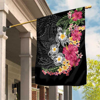 Hawaiian Tropical Flowers and Tribal Turtles Garden Flag Polynesian Art Motifs Black Color - Polynesian Pride