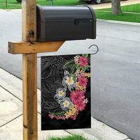 Hawaiian Tropical Flowers and Tribal Turtles Garden Flag Polynesian Art Motifs Black Color - Polynesian Pride