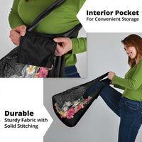 Hawaiian Tropical Flowers and Tribal Turtles Grocery Bag Polynesian Art Motifs Black Color - Polynesian Pride