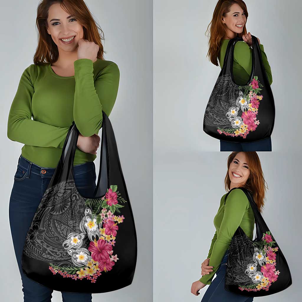 Hawaiian Tropical Flowers and Tribal Turtles Grocery Bag Polynesian Art Motifs Black Color - Polynesian Pride