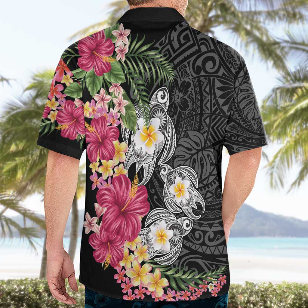 Hawaiian Tropical Flowers and Tribal Turtles Hawaiian Shirt Polynesian Art Motifs Black Color - Polynesian Pride