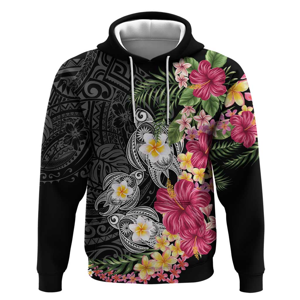 Hawaiian Tropical Flowers and Tribal Turtles Hoodie Polynesian Art Motifs Black Color - Polynesian Pride