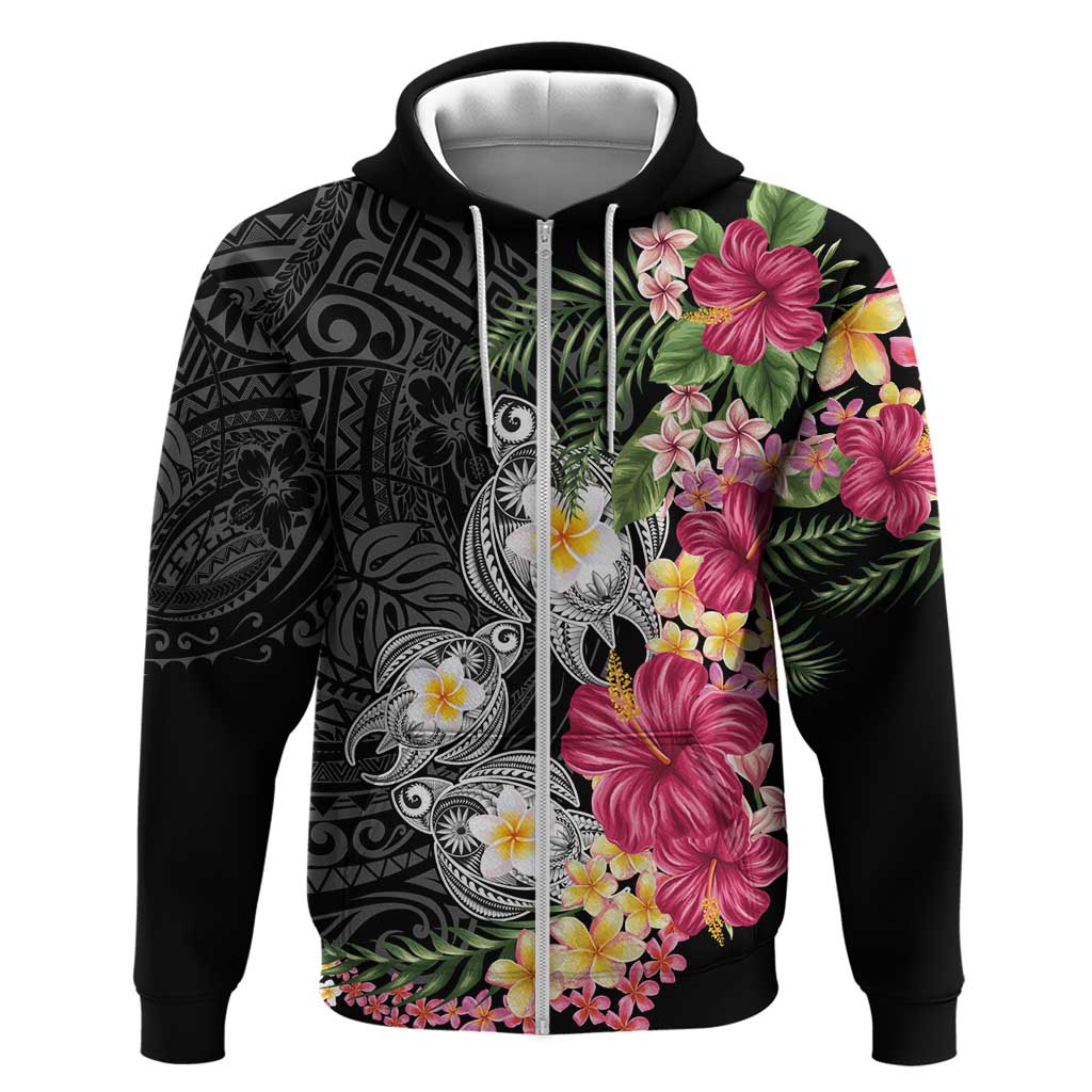 Hawaiian Tropical Flowers and Tribal Turtles Hoodie Polynesian Art Motifs Black Color - Polynesian Pride
