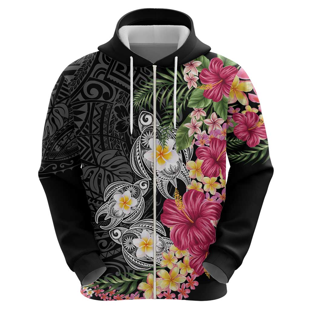 Hawaiian Tropical Flowers and Tribal Turtles Hoodie Polynesian Art Motifs Black Color - Polynesian Pride