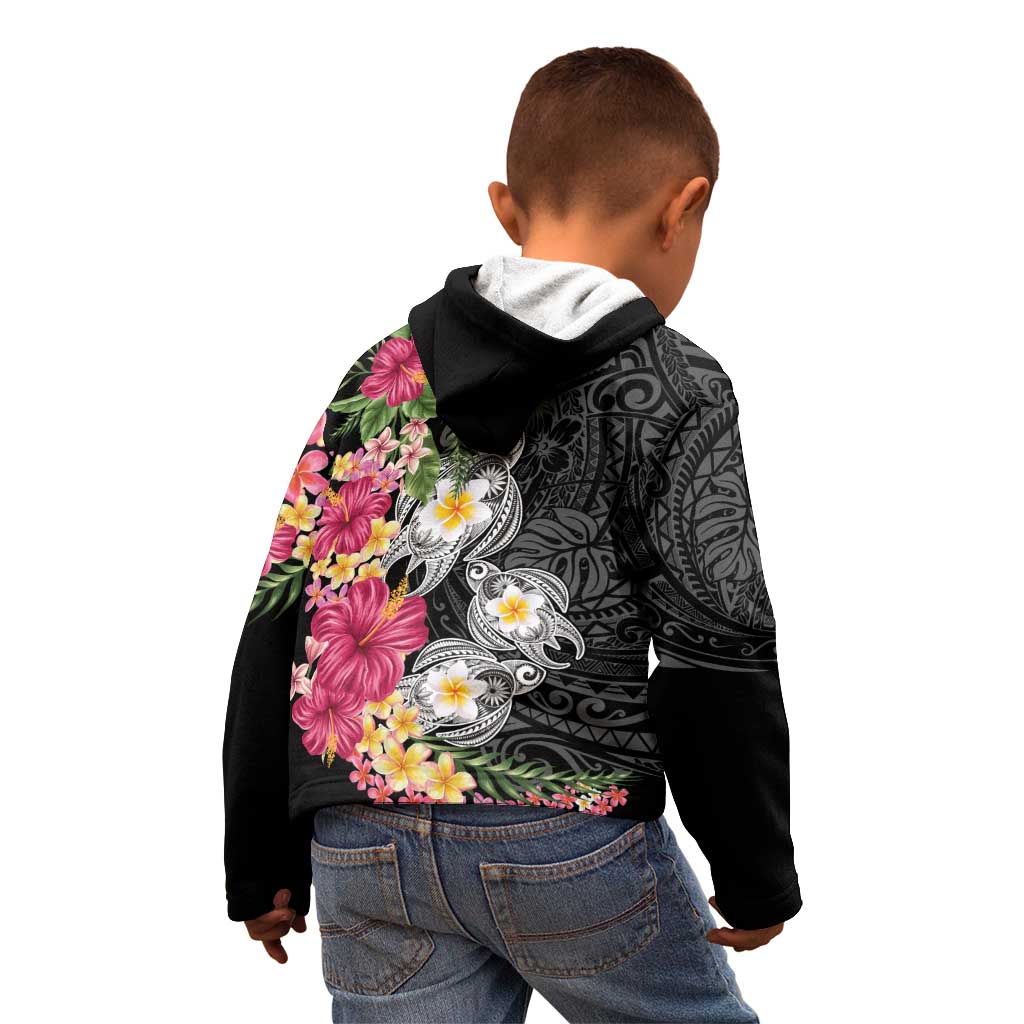 Hawaiian Tropical Flowers and Tribal Turtles Kid Hoodie Polynesian Art Motifs Black Color - Polynesian Pride