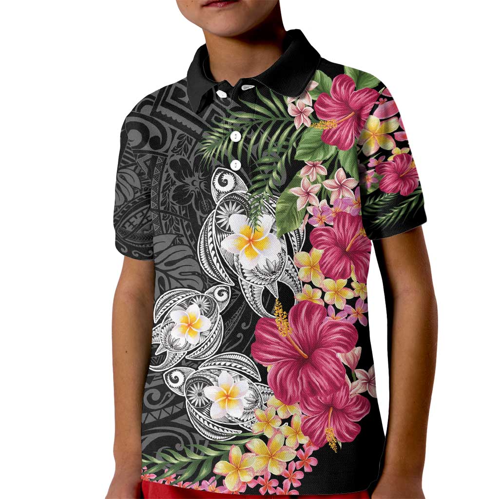 Hawaiian Tropical Flowers and Tribal Turtles Kid Polo Shirt Polynesian Art Motifs Black Color - Polynesian Pride