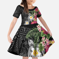 Hawaiian Tropical Flowers and Tribal Turtles Kid Short Sleeve Dress Polynesian Art Motifs Black Color - Polynesian Pride